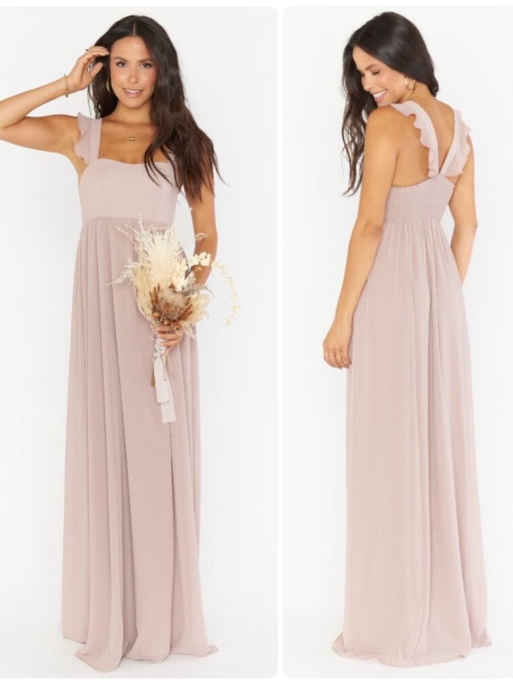 Show Me Your MuMu June Silver Ring Crisp Ruffle Strap Maxi Gown Dress NWT $189